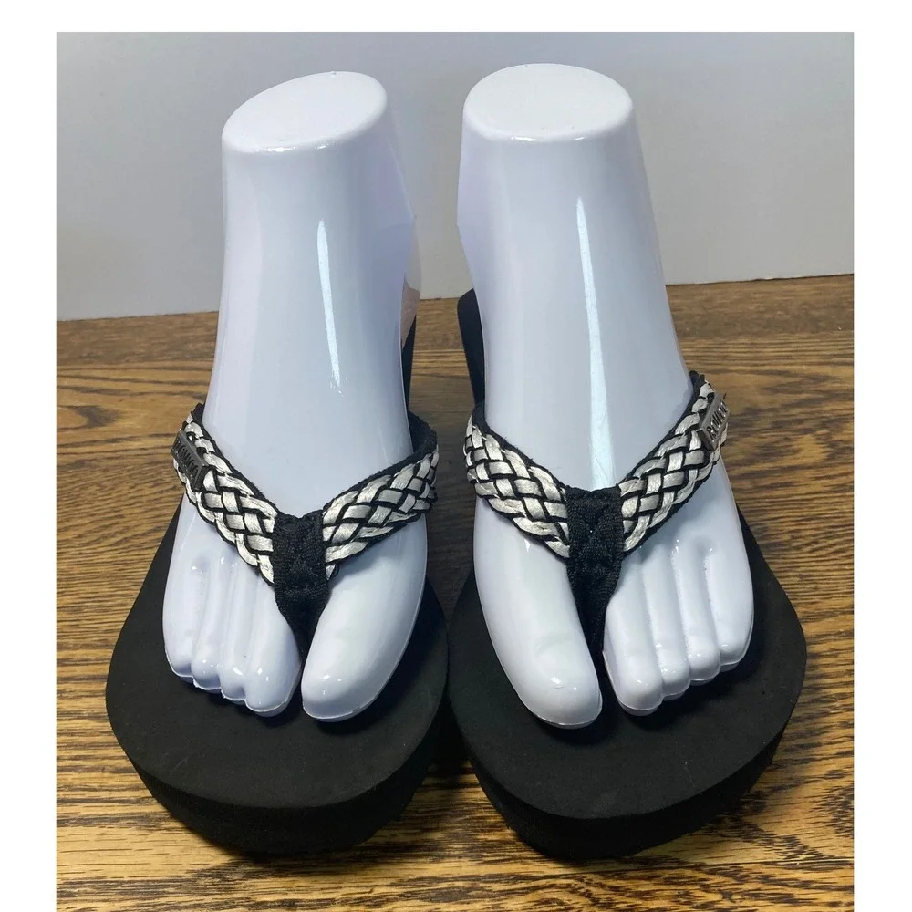Rowoo Womens Black Silver Braided Platform Wedge Flip Flops Sandals Size 7 38